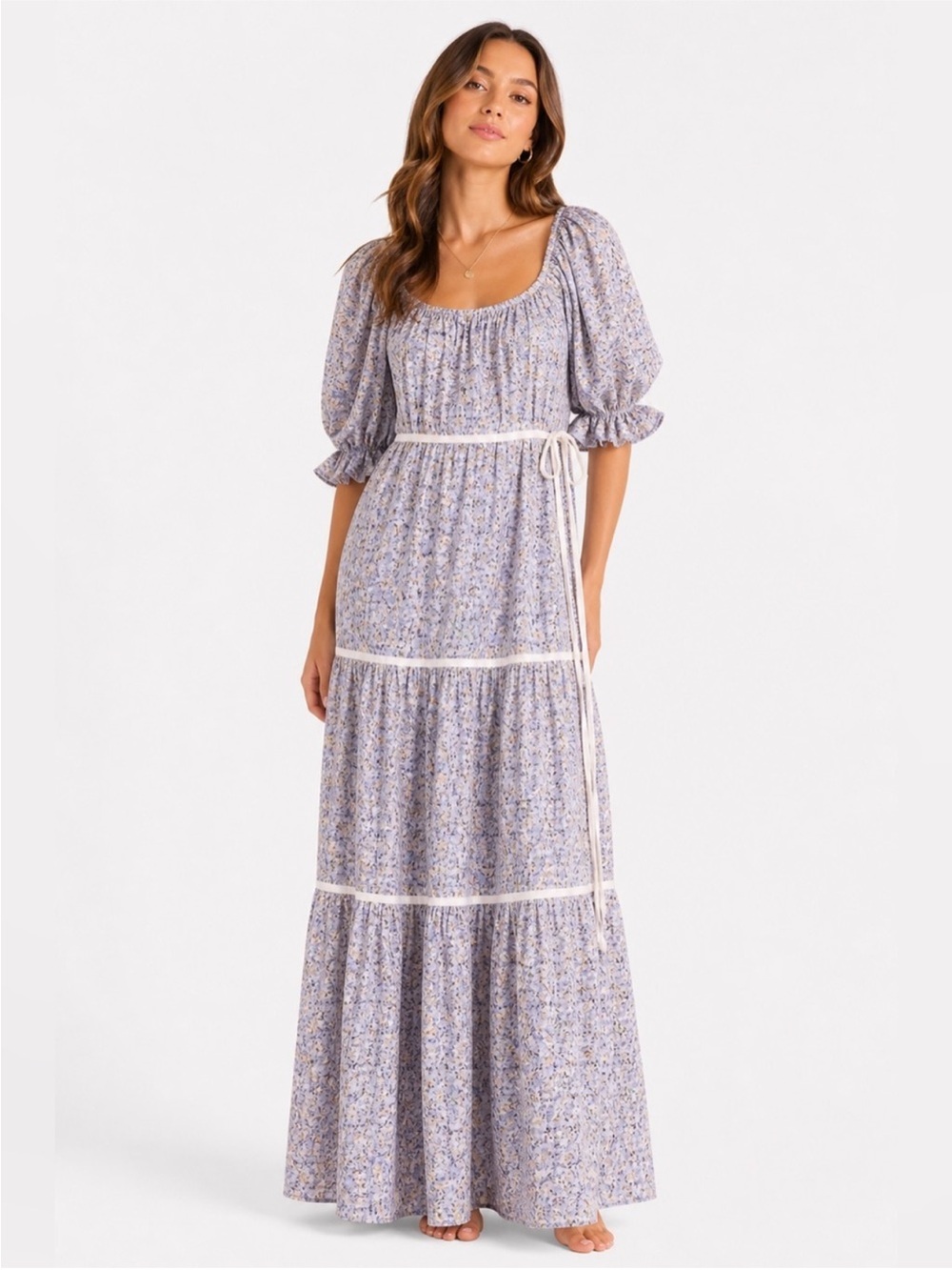 Sofie The Label Floral Puff Sleeve Tiered Maxi Dress Lilac Size Large